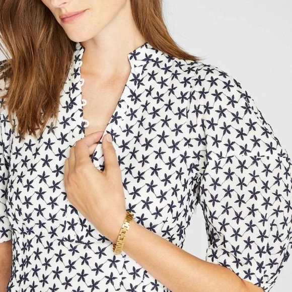 Club Monaco Embroidered Balloon Sleeve Top White Navy Size Small - Picture 3 of 5